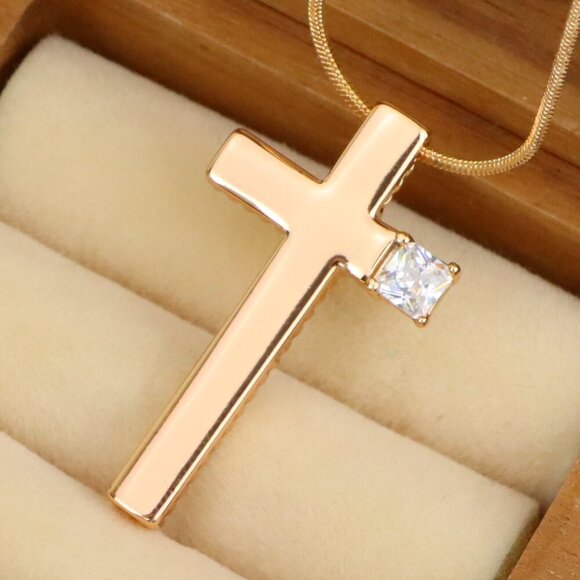 "Rose Gold Cross Pendant with Square Crystal Accent in Sleek Finish, XPPT1493 - Picture 1 of 12